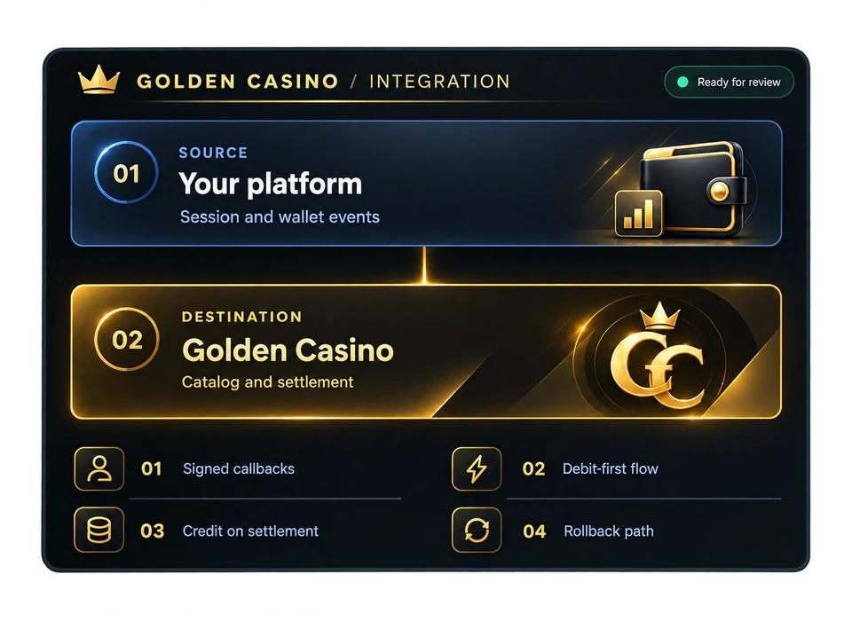 Golden Casino integration flow from an operator platform to Golden Casino
